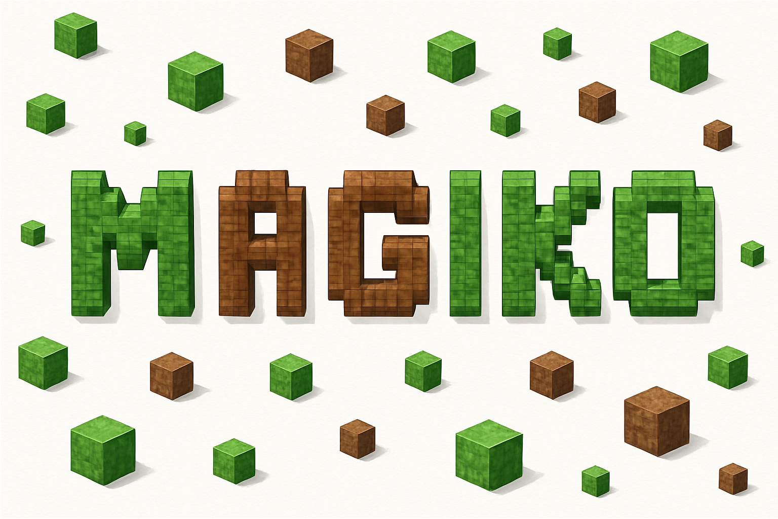 zrób napis MAGIKO, na biały tle, napis ma być zbudowany z zielono brązowych kwadratowych bloków w stylu minecraft, do tego maja byc dookola porozrzucane te bloki