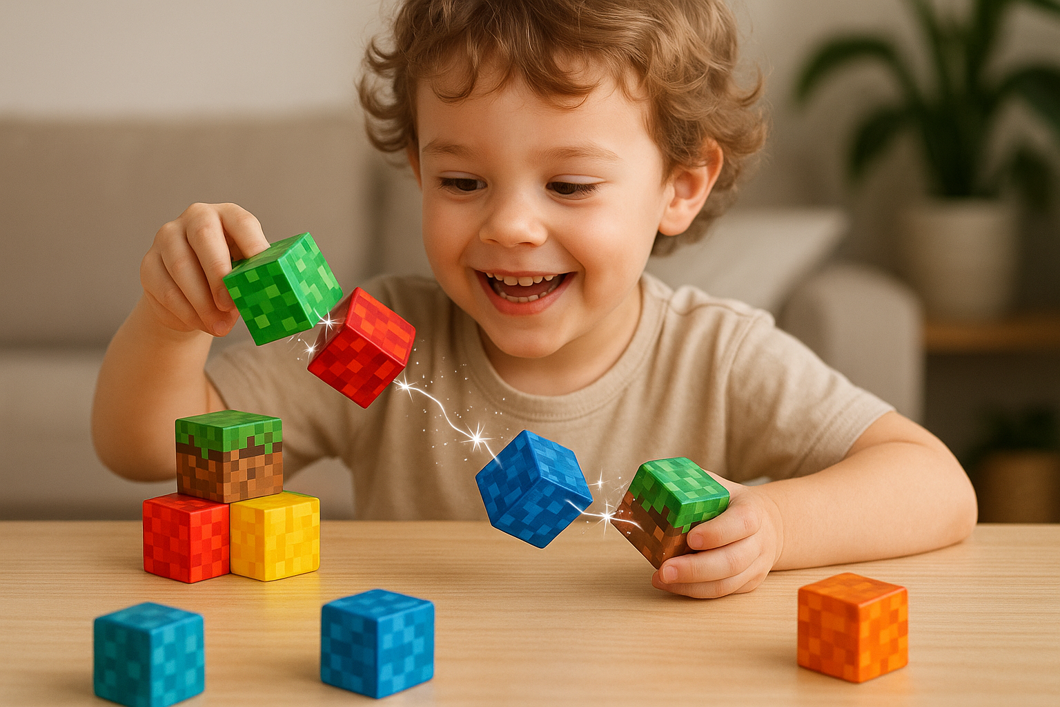 dziecko bawiące się klockami typu minecraft, zeby bylo widac ze sie przyciągają do siebie