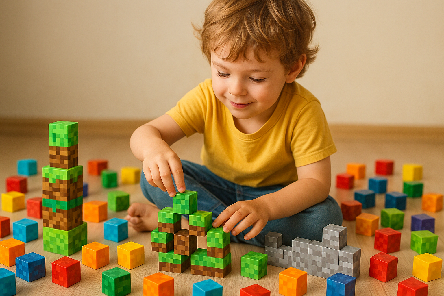 dziecko bawiące się klockami typu minecraft